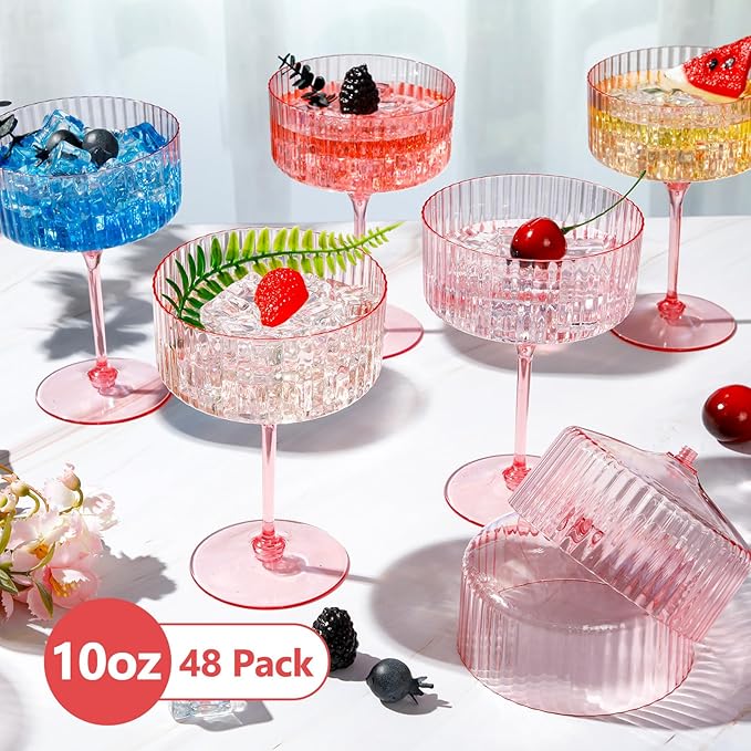 48 Pcs Ribbed Martini Glasses 10 oz Disposable Plastic Vintage Ribbed Coupe Glasses Unbreakable Dessert Parfait Glassware for Wedding Birthday Party Supplies (Pink)