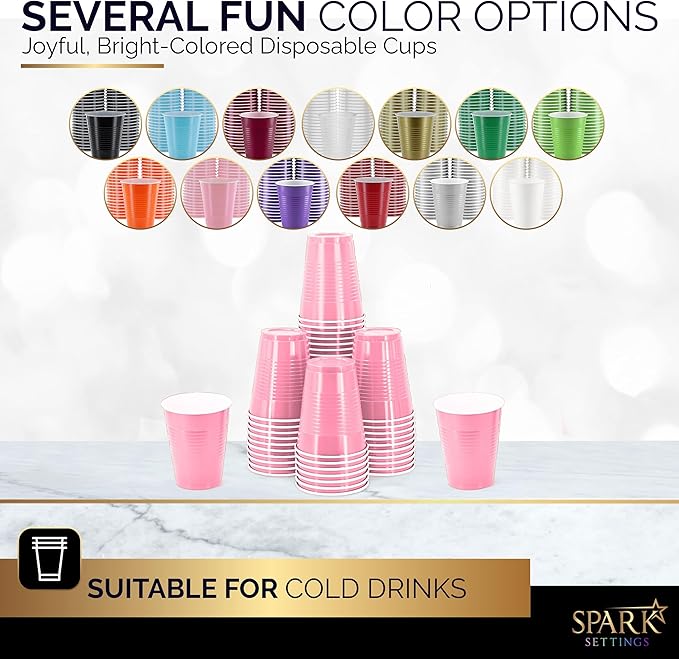 Disposable Cups, Pink 18-Ounce Plastic Party Cups, Strong and Sturdy for Wedding, Christmas, Halloween, 100 Pack