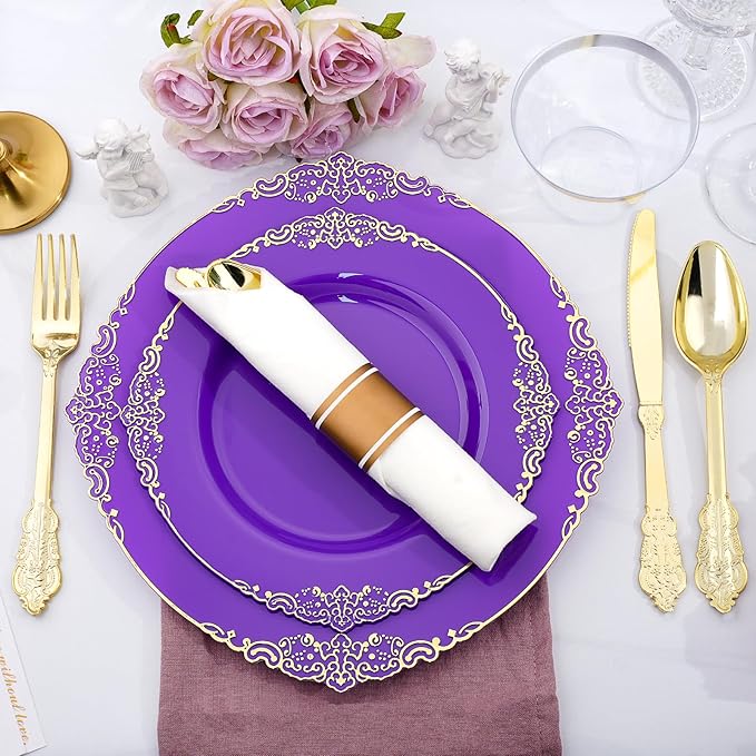 350 PCS Purple and Gold Plastic Plates, Plastic Dinnerware Set for 50 Guests, 100 Disposable Plates, 150 Silverwares, 50 Cups, 50 Napkins for Party, Wedding, Graduation