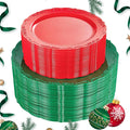 U-QE 100Pcs Christmas Plastic Plates - Green and Red Plate Disposable for Party, Plastic Christmas Plates Disposable Include 50 Red Dessert Plate, 50 Green Dinner Plate Suite for Party