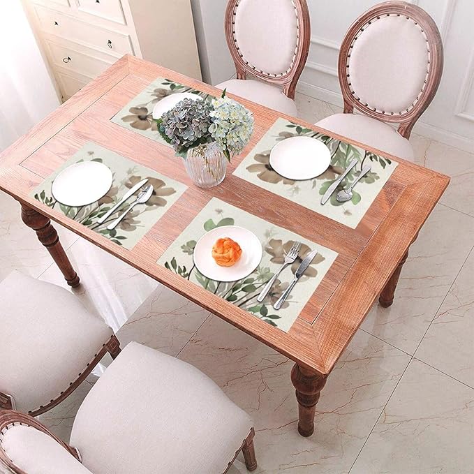 Spring Floral Placemats 12x18 Inches Set of 4,Watercolor Brown Green Flower Decorative Rectangle Summer Decor Floral Decoration Table Mats for Party, Home Kitchen,Dining Table Decoration