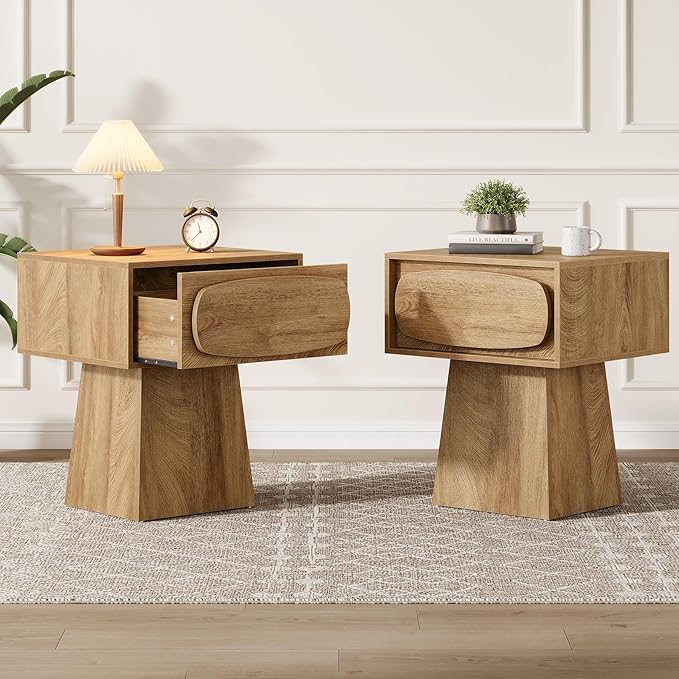 Tribesigns Side End Table Set of 2 with Storage Drawer for Living Room, Bedroom and Indoor Use, Modern Mid-Century Farmhouse Bed Side Table with Curved Handle, 2 Night Stand Easy Assembly Natural