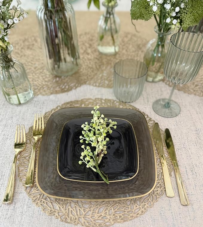 " OCCASIONS " 240 Pieces Pack,(120 Guests) Premium Wedding Party Disposable Plastic Plates Set -120 x 10'' Dinner + 120 x 7'' Salad/Dessert (Belize Square in Black & Gold)