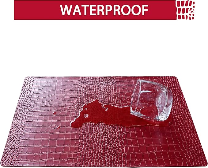 Jovono Faux Leather Placemats Set of 4, Waterproof Heat Resistant Dinner Place Mats for Dining Table, Non-Slip Crocodile Embossed, Red (17.8x11.8 Inch)