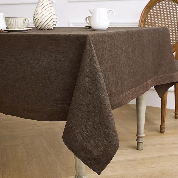 Solino Home Linen Tablecloth 60 x 108 Inch - 100% Pure Linen Chambray Brown Table Cloth for Rectangle Tables - Athena, Machine Washable Tablecloth