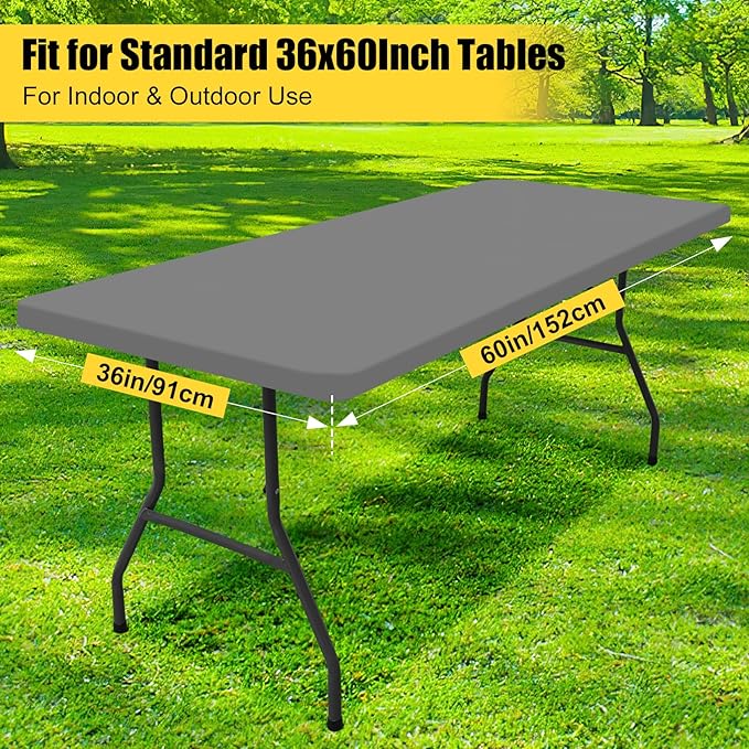 Smiry Rectangle Picnic Table Cloth, Waterproof Elastic Fitted Tablecloths for 5 Foot Tables, Washable Polyester Table Cover for Camping, Indoor and Outdoor (Grey, 36"x60")