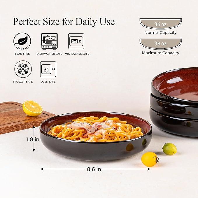 LERATIO 8.5'' Large Ceramic Pasta Bowls, 36oz Pasta Serving Bowls Set of 4 for Kitchen, Wide Bowls for Fruit,Pasta,Salad,Oatmeal,Meal, Microwave Safe, Reactive Glaze