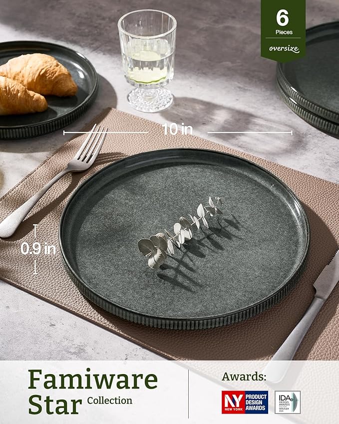 famiware Star Dinner Plates for 6, 10 inches Plate Set, Scratch Resistant, Stoneware Dinnerware, Kitchen Modern Rustic Serving Dishes, Deep Forest