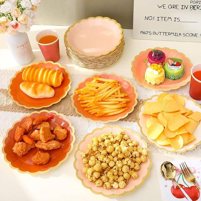 96 Pcs Beige-orange Peach Fall Paper Plates 9 Inch Gradient Scalloped Paper Disposable Dinner Dessert Plates for Birthday Wedding Bridal Party Supplies, 6 Colors