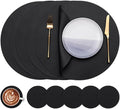 Myir JUN Round Placemats Set of 6 Faux Leather Place Mats and Coasters 15 inch Round Table Mats Dual Sided Non-Slip Stain Resistant Placemats (Black 01, Set of 6)