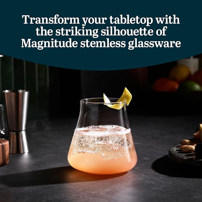 Libbey Magnitude Stemless Wine Glasses Set of 4, Tulip Shaped 12 Oz Stemless Wine Glasses, Modern Stemless Glass Tulip Bowl for Wine, Cocktails