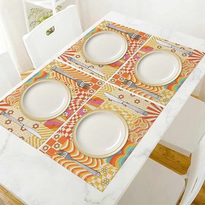 60S 70S Hippie Flower Placemats，Groovy Floral Table Mats for Kitchen Table Boho Vintage Flowers Groovy Aesthetic Placemats for Kids Girls Teens 18"x12" 6 PCS