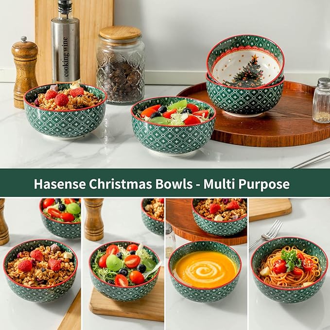 HASENSE 26 OZ Cereal Bowls Set of 6, Christmas Soup Bowls for Kitchen, 6 Inch Ceramic Bowls Microwave and Dishwasher Safe for Rice, Oatmeal, Noodle, Ramen, Salad, Fruit and Pasta, Colorful