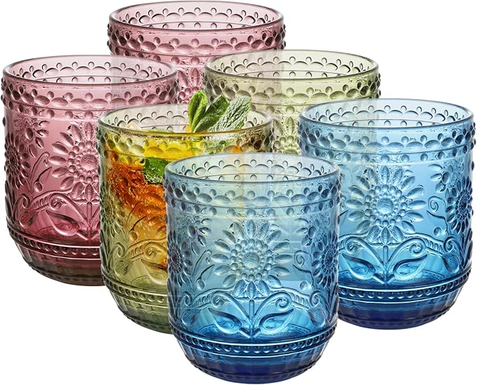 Topsky Vintage Colored Glassware Set of 6,12 oz Green Sunflower Drinking Glasses Set,Blue Drinkware Glasses for Wine,Cocktail,juice,Heavy Duty Glass Cups