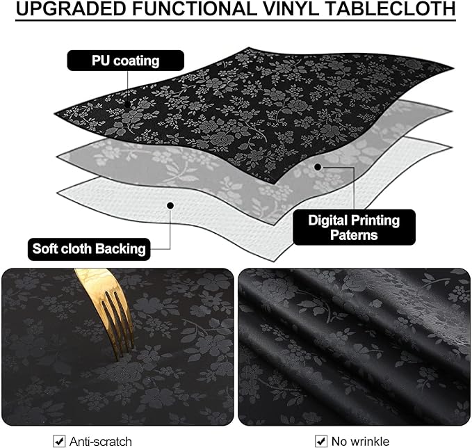 Smiry Rectangle Table Cloth, Waterproof Heavy Duty Vinyl Tablecloths, Wipeable Washable Table Cover for Kitchen and Dining Room (Black, 54" X 108")