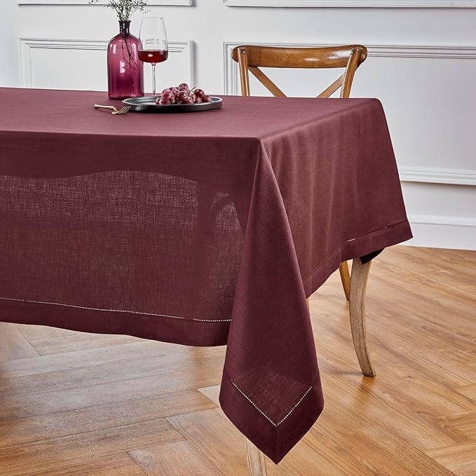 Solino Home Linen Burgundy Tablecloth 60 x 108 Inch - Classic Hemstitch, 100% Pure Linen Rectangular Tablecloth - Machine Washable Table Cloth for Valentines, Winter
