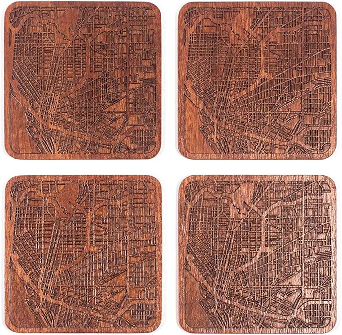 Buffalo, NY Map Coaster by O3 Design Studio, Set of 4, Sapele Wooden Coaster with city map, Multiple city optional, Handmade