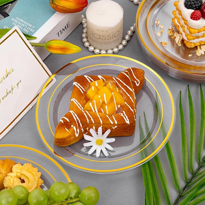 I00000 60PCS Clear Gold Dessert Plates, Clear Plastic Plates with Gold Rim 7 Inch, Fancy Disposable Wedding Plate Heavy Duty for Birthday, Wedding & Party
