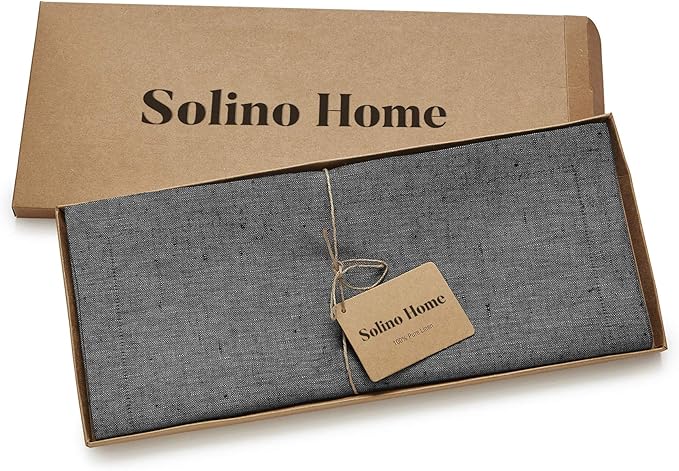 Solino Home Linen Table Runner 144 Inches Long - Athena, 100% Pure Linen Charcoal Grey Dining Table Runner 14 x 144 Inch for Winter - Handcrafted and Machine Washable