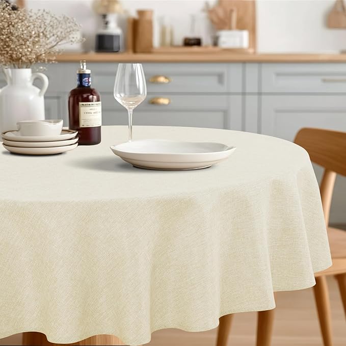JIUZHEN Round Textured Table Cloth Linen Wrinkle Free Stain Resistant Farmhouse Decorative Circular Tablecloth for Kitchen, Dining, Party, Wedding, Outdoor Use (50 Inch Round,Champagne)