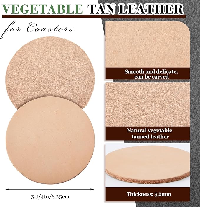 Bulyoou 50 Pack Round Vegetable Tan Leather 3-1/4" Tooling Veg Circular Leather Pieces Sheet for Laser Engraving Coasters Tooling Stamping Carving, Thickness 3.2 mm