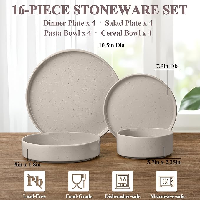 Herogo 16 Piece Plates and Bowls Set, Ceramic Dinnerware Sets with Pasta Bowls, Kitchen Dinner Ware Dishes Service for 4, Chip & Scratch Resistant Dishware, Speckled Coffee Brown