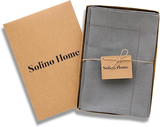 Solino Home Linen Cloth Napkins Set of 4-100% Pure Linen Steel Gray Dinner Napkins 20 x 20 Inch for Spring - Classic Hemstitch, Handcrafted and Machine Washable