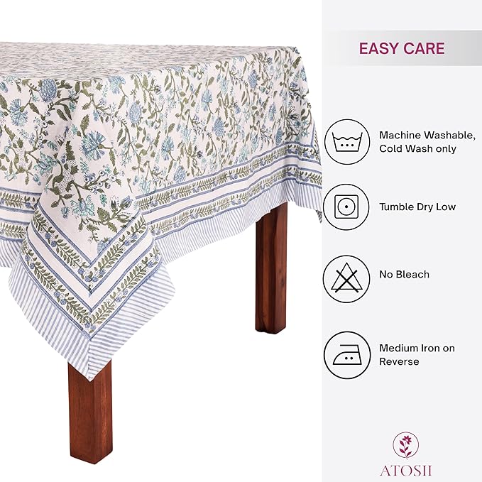 ATOSII Mahoka Blue 100% Cotton Rectangle Tablecloth, Handblock Floral Print Linen Table Cloth for Kitchen Dining I Parties, Outdoors, Weddings, Holidays, Summer I 72 X 108 Inches I 8 Seater
