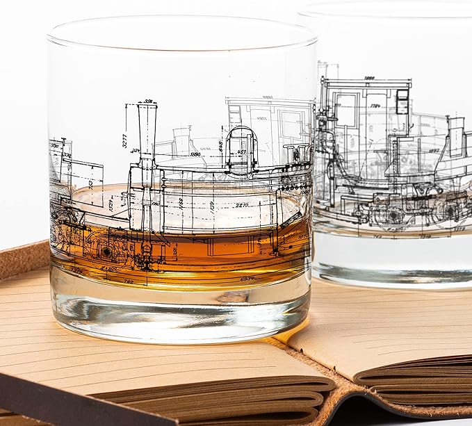 Black Lantern Whiskey Glass Set – 11oz Old Fashioned Tumblers for Bourbon, Scotch & Cocktails, Heavy Base Rocks Glasses Featuring Detailed Locomotive Blueprint Design, Great Gift for Men & Engineers