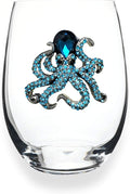 THE QUEENS' JEWELS - Octopus Jeweled Stemless Wine Glass, 21 oz. - Dazzling and Unique - Hand Decorated Glassware - Not Painted