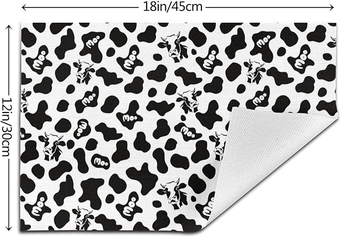 Cow Print Placemats Set of 4 Linen 12"x18" Black White Decorative Place Mats Washable Kitchen Table Mats for Dining Outdoor Farmhouse Home Decor Holiday Party Dining Mat