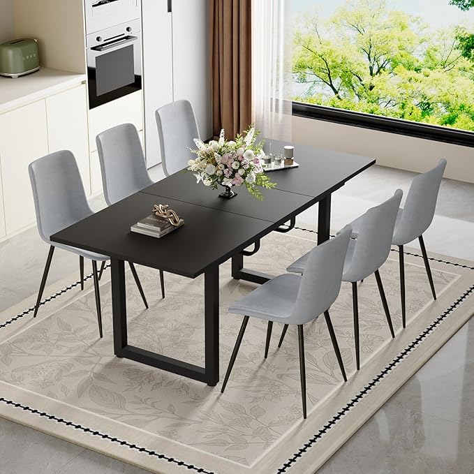 Extendable Dining Table Set for 6, 55"–71" Modern Black Kitchen Table with 6 Upholstered Chairs, Space-Saving for Living Room Apartment, Sturdy & Comfortable, Easy Assembly