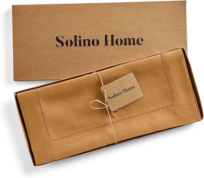Solino Home Linen Table Runner 36 Inches - 100% Pure Linen Brown Sugar Hemstitch Table Runner 14 x 36 Inch Ideal for Dresser and Coffee Tables - Classic Hemstitch
