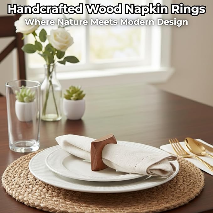 CLEENTABLE Wooden Napkin Rings Set of 12 Fall Decor for Home Square Acacia Wood Napkin Holders for Dining Table Settings Wood Napkin Ring Rustic Table Décor for Weddings, Parties, and Everyday Use