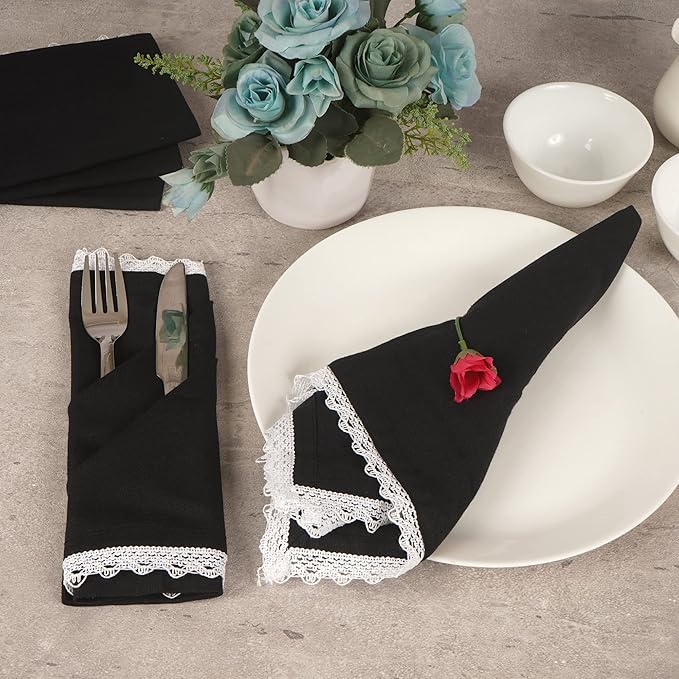Fingercraft Dinner Cloth Napkin Cotton Linen Set of 12 Mitered Corners with Natural Elegant Lace for Everyday Use Napkins are Pre Shrunk and Good Absorbency with Lace 20x20 in Black