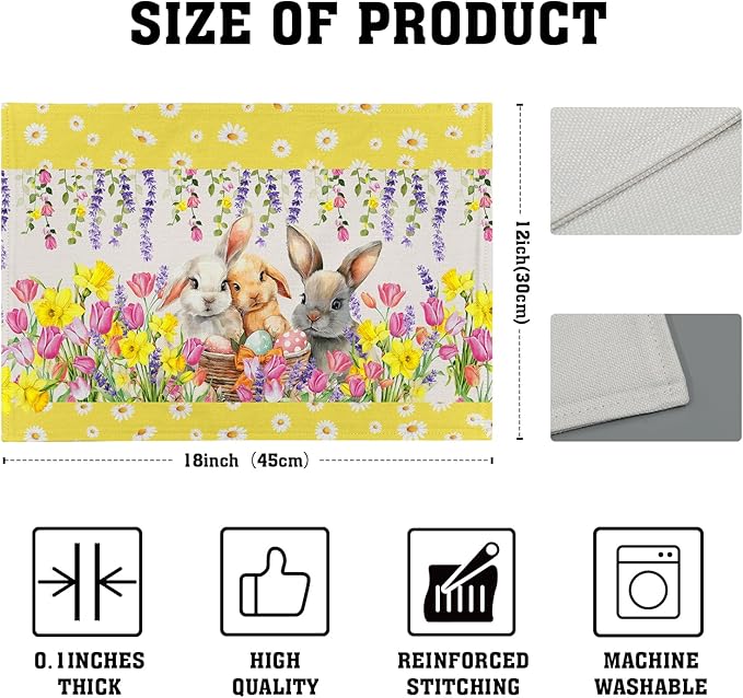 Floral Bunny Placemats - Happy Easter Place Mats Set of 4 Spring Rabbit Daisy Tulip Flowers Tablemats 12x18 for Party Kitchen Farmhouse Yellow