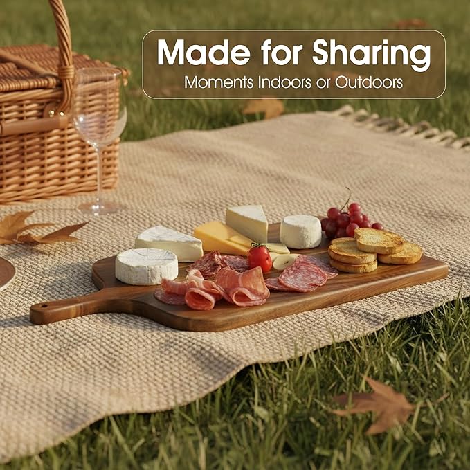 Acacia Wood Charcuterie Board with Handle, Large Cheese Serving & Entertaining Board, Premium Natural Grain Wooden Board for Appetizers, Snacks & Gift Giving