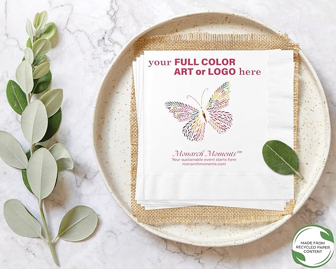 B.E. Green Custom Dinner Napkins - Personalized Recycled Paper Content Napkins - Eco-friendly & Full-Color Digital Printed - Weddings, Events & Celebrations - Pack of 50 - Coin Edge Embossed, 8"x 8"