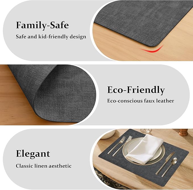 FROMHEART Faux Leather Placemats Set of 12–Waterproof,Heat/Oil Stain-Resistant PU Table Mat–Reversible,Non-Slip,Easy to Clean Place Mats for Kitchen,Dining,Indoor/Outdoor,(Dark Grey,11.8" x 17")