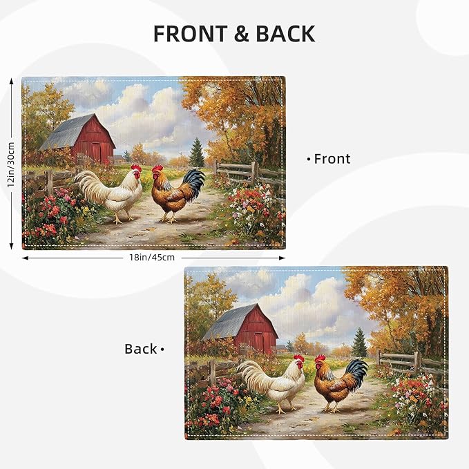 Farmhouse Rooster Placemats Set of 4, Farm Chicken Place Mats, Rustic Farm Coop Waterproof Washable Table Mats for Home Party Indoor Kitchen Dining Table Decoration 12x18 Inch