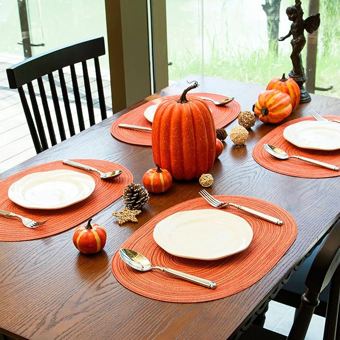 Noctiflorous Oval Braided Placemats Set of 8 Woven 12x18 Inch Non Slip Washable Heat Resistant Place Mats Tablemats for Dining Kitchen Party Daily Table Decor Dinner Mats (Fall Orange, 8)