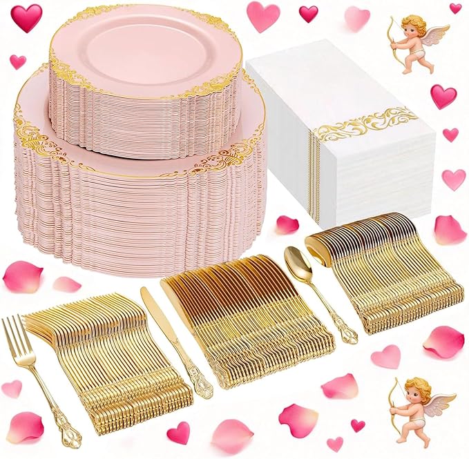 Ciaell 300PCS Pink and Gold Plastic Plates - Pink Disposable Dinnerware Sets for 50 Guests - 100 Plates, 50 Knives, 50 Forks, 50 Spoons, and 50 Napkins for Wedding, Party & Valentine's Day