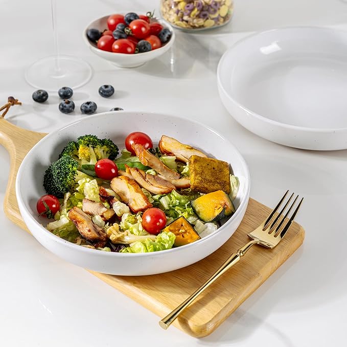 AmorArc 8.75'' Large Ceramic Pasta Bowls, 38oz Handpainted Stoneware Bowls Set of 4, Microwave&Dishwasher Safe Bowls with Rustic Terracotta Underside for Pasta Salad, White