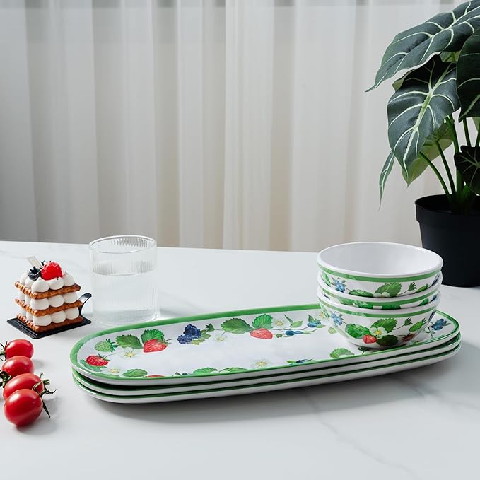 LEHAHA Strawberry Melamine Chip and Dip bowl Serving platter, Set of 3. Rectangular serving platter and small serving bowl sets. Round Dipping Dishes for Condiments, Pre, Dessert, Salsa, Entertaining