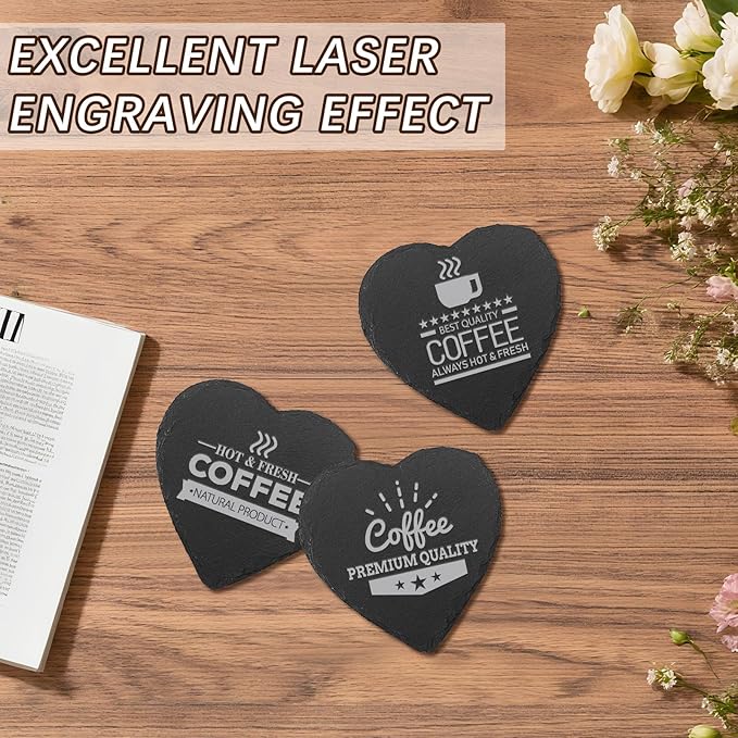 12 Pcs Slate Drink Coasters Bulk,4X4 Inch Black Slate Stone Coasters for Office, Home Decor,Laser Engraving Blanks with Anti-Scratch Bottoms for Coffee Bar Kitchen Heart