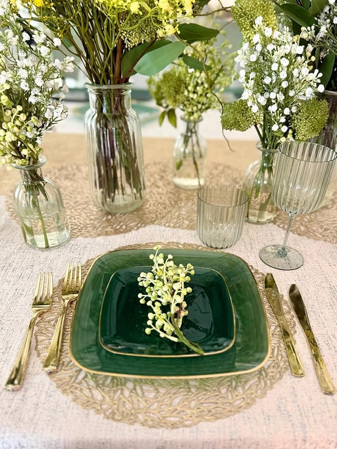 " OCCASIONS " 240 Pieces Pack,(120 Guests) Premium Wedding Party Disposable Plastic Plates Set -120 x 10'' Dinner + 120 x 7'' Salad/Dessert (Belize Square in Green & Gold)