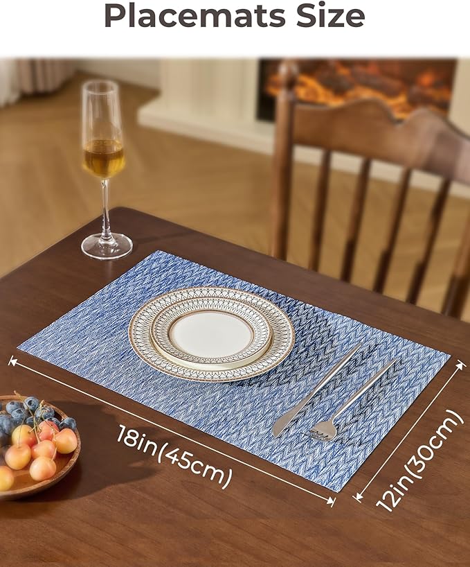 Leetaltree Blue Placemats Set of 12 - Heat Resistant Non-Slip Place mats for Dining Table, Washable Durable PVC Vinyl Woven Table Mats（Blue Zigzag, 12）