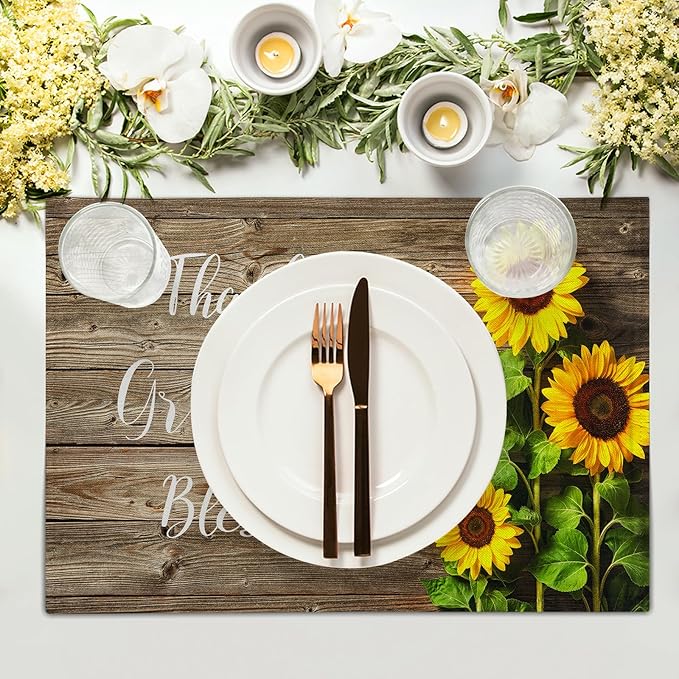 Spring Summer Sunflower Placemats Set of 4 for Dining Table Religious Thankful Grateful Blessed Place Mats Easter Table Mats Washable Cloth Placemats Kitchen Decor 12x18 inch