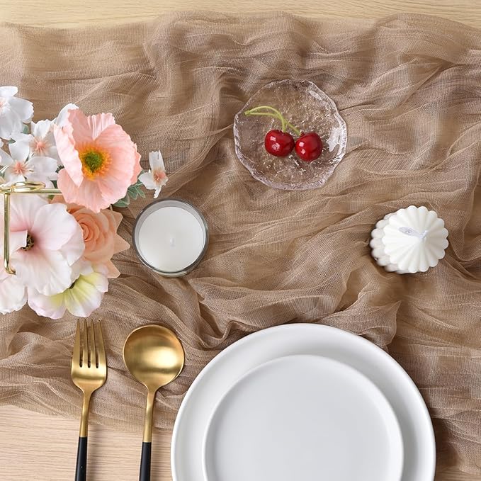 Joanlody Coffee Cheesecloth Table Runner Fall Thanksgiving 10Ft Rustic Gauze Boho Cheese Cloth Table Runner for Wedding Bridal Baby Shower Decoration