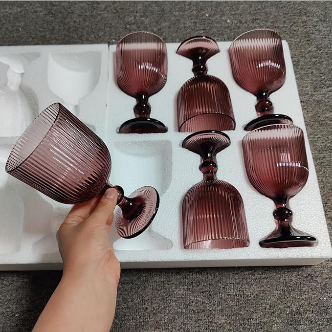 Purple Glasses Drinking Water Goblets set of 6 Colored Wine Glasses 13oz Pink Vintage Glassware for Wedding Party Bar Vertical Line Embossed Pattern Stemmed Cups 400ml